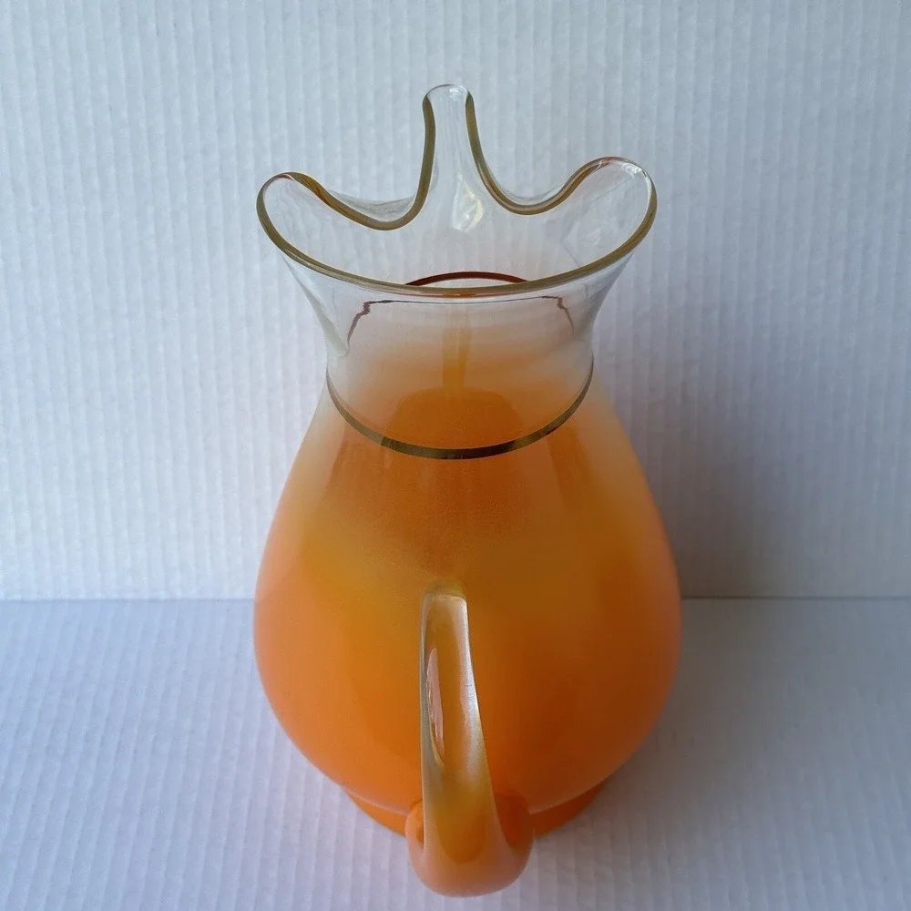 Vintage 1950s BLENDO Pitcher‎ 11 Inch Orange Frosted Glass Gold Trim Ice Lip